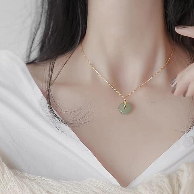 Jade Necklace 14K Gold Plated Green Pendant Jewelry for Women