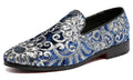 Santimon Men's US 6-12.5 Blue Velvet Silver Stitching Smoking Loafers Shoes