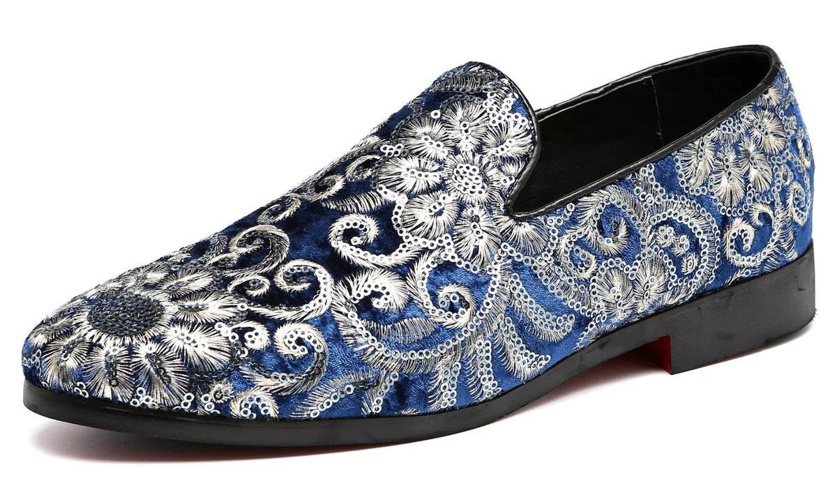 Santimon Men's US 6-12.5 Blue Velvet Silver Stitching Smoking Loafers Shoes