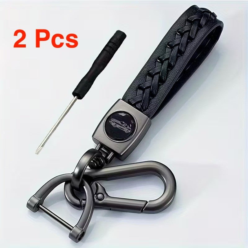 Set of 2 Black Braided Faux Leather Anti-Lost Car Keychain Set Key Ring Lanyar