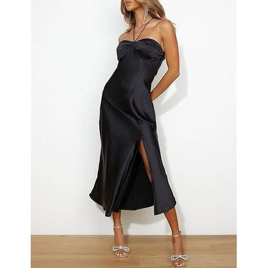 MSRP $62 VUBIYA Women's M Black Satin Halter Neck Midi Dress Elegant Sexy Back