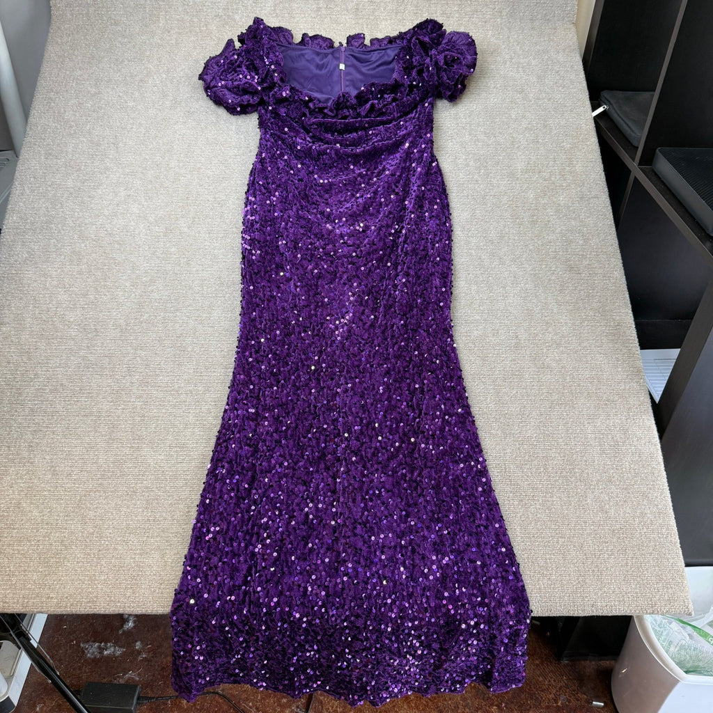 MSRP $79 dasmzper Womens M Purple Sequin Off Shoulder Ruffle Mermaid Maxi Dress