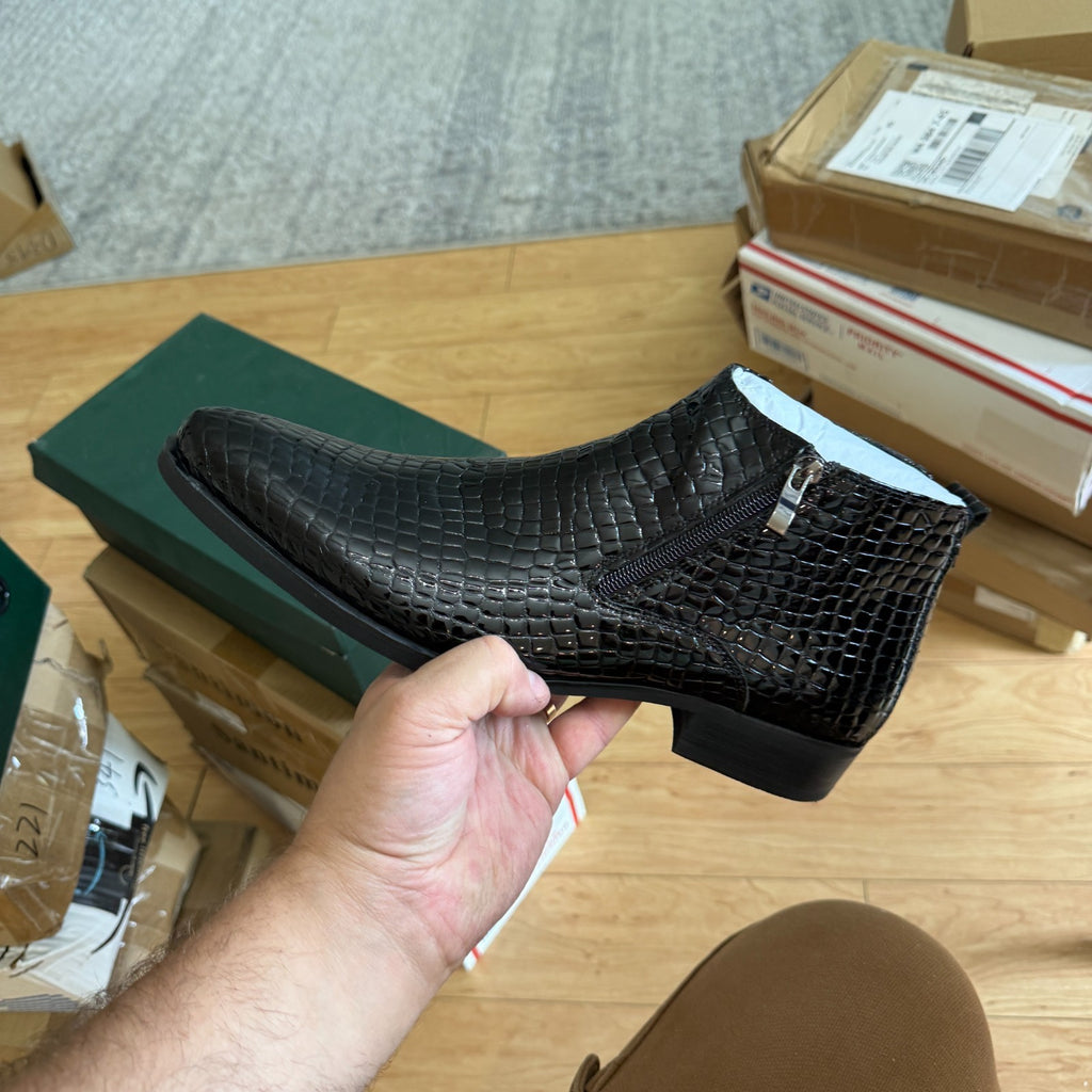 Santimon Men's US 7 - 11 Black Alligator Patent Leather Zipper Ankle Boots