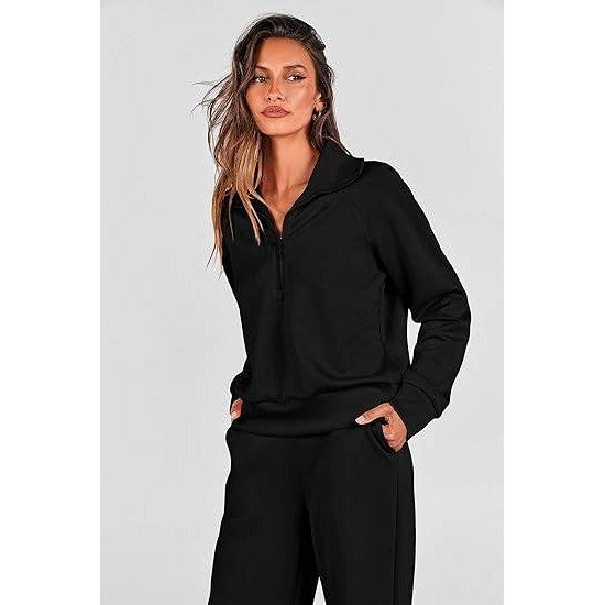 MSRP $46 PRETTYGARDEN Women's S Black 2 Piece Outfits Casual Lapel Half Zip S