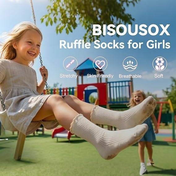 Set of 5 BISOUSOX Girls M 6-8Y White Ruffle Socks Cute Frilly Cotton Dress Sock