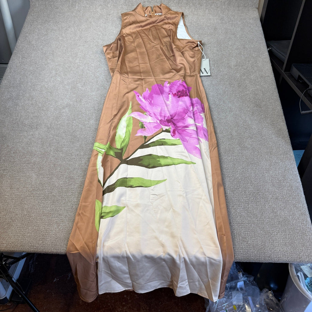 MSRP $108 Worthington Womens L Tan Pink Floral Print Dress High Neck Sleeveless