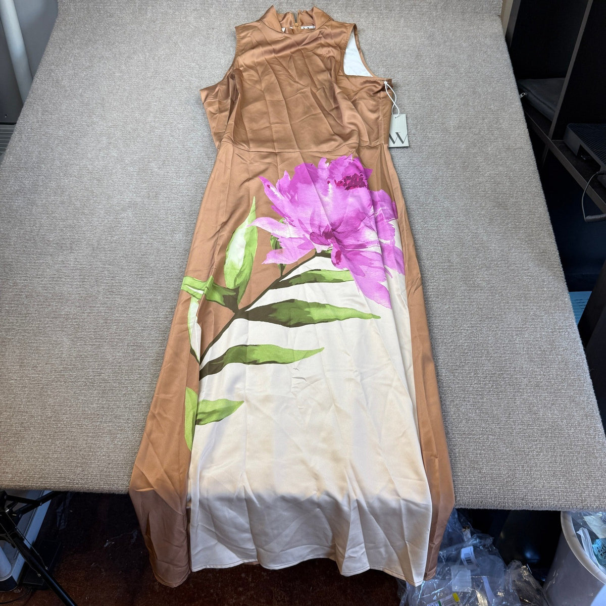 MSRP $108 Worthington Womens L Tan Pink Floral Print Dress High Neck Sleeveless