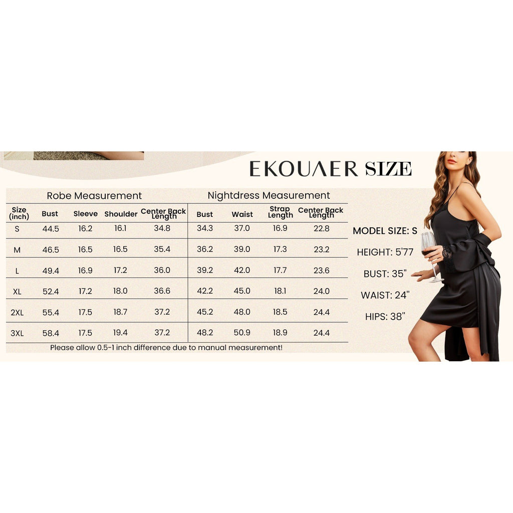 Ekouaer Sleepwear Women's L 2 Piece Satin Nightgown with Robe Set Sexy Lace