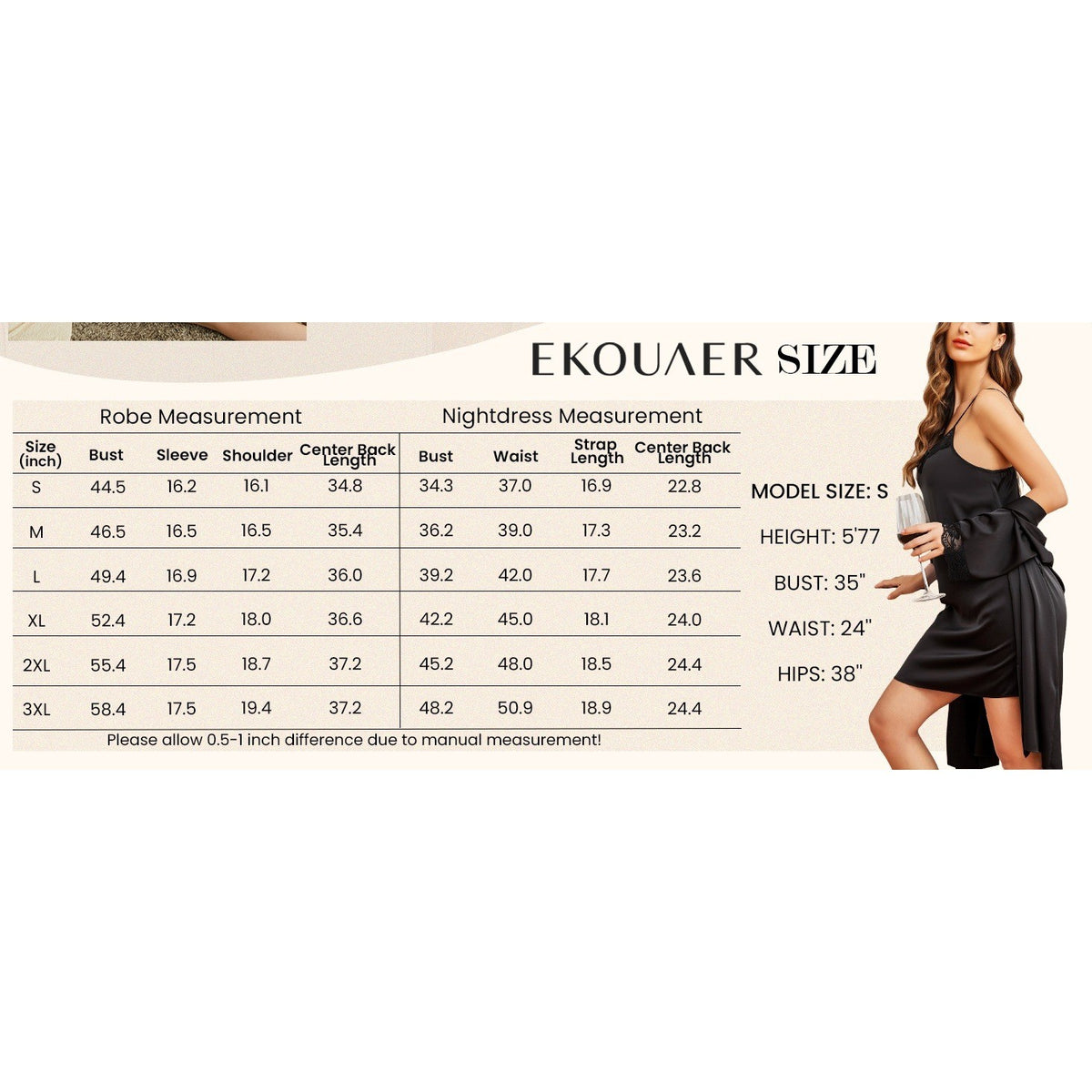 Ekouaer Sleepwear Women's L 2 Piece Satin Nightgown with Robe Set Sexy Lace