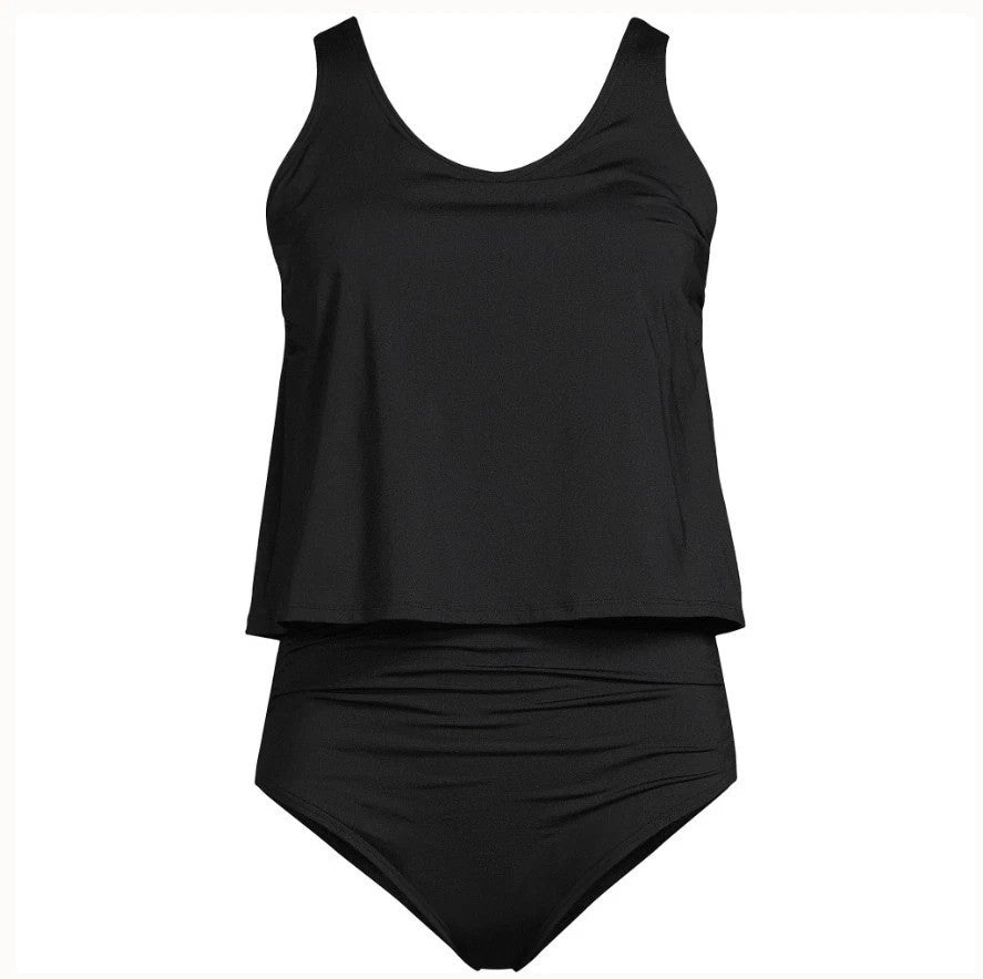 Lands' End Women's L, L LONG Black V Neck One Piece Fauxkini Swimsuit  This item