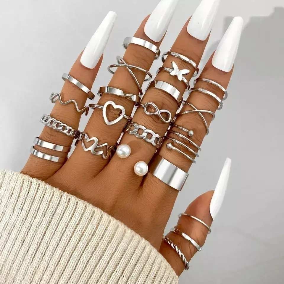 Set of 22 Silver Tone Knuckle Rings for Women Boho Stackable Butterfly Heart