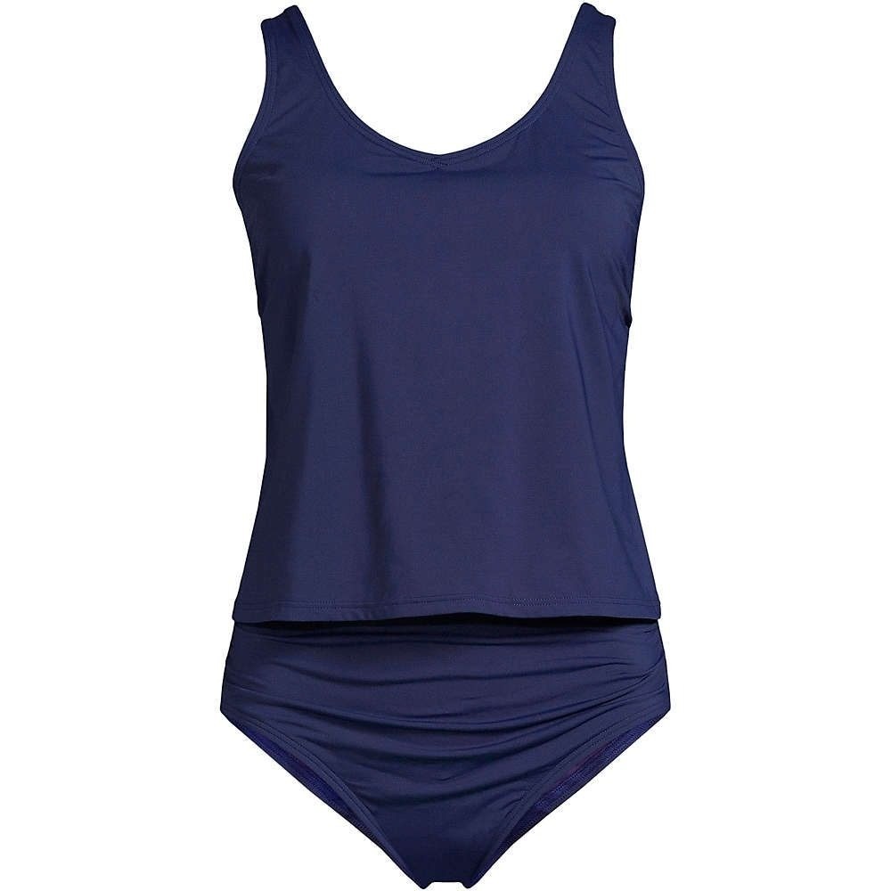 Lands' End Women's L LONG Deep Sea Navy V Neck One Piece Fauxkini Swimsuit