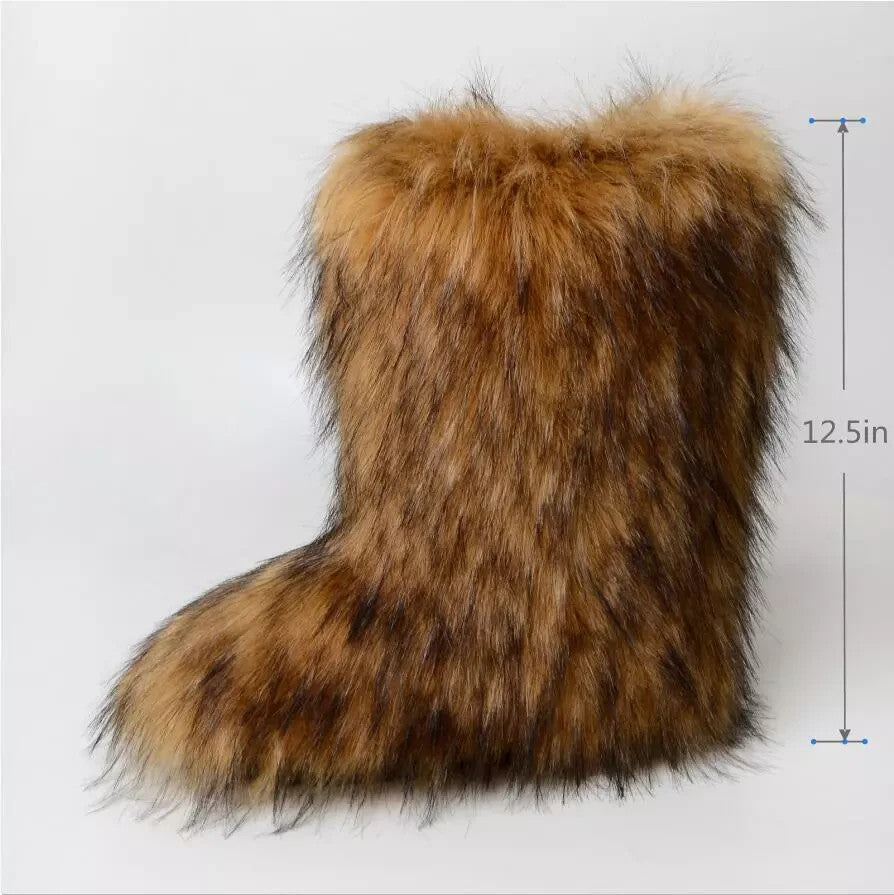 Women's US 10.5 -11 Hot Faux Fur Brown Boots Fuzzy Fluffy Furry Round Toe Winter
