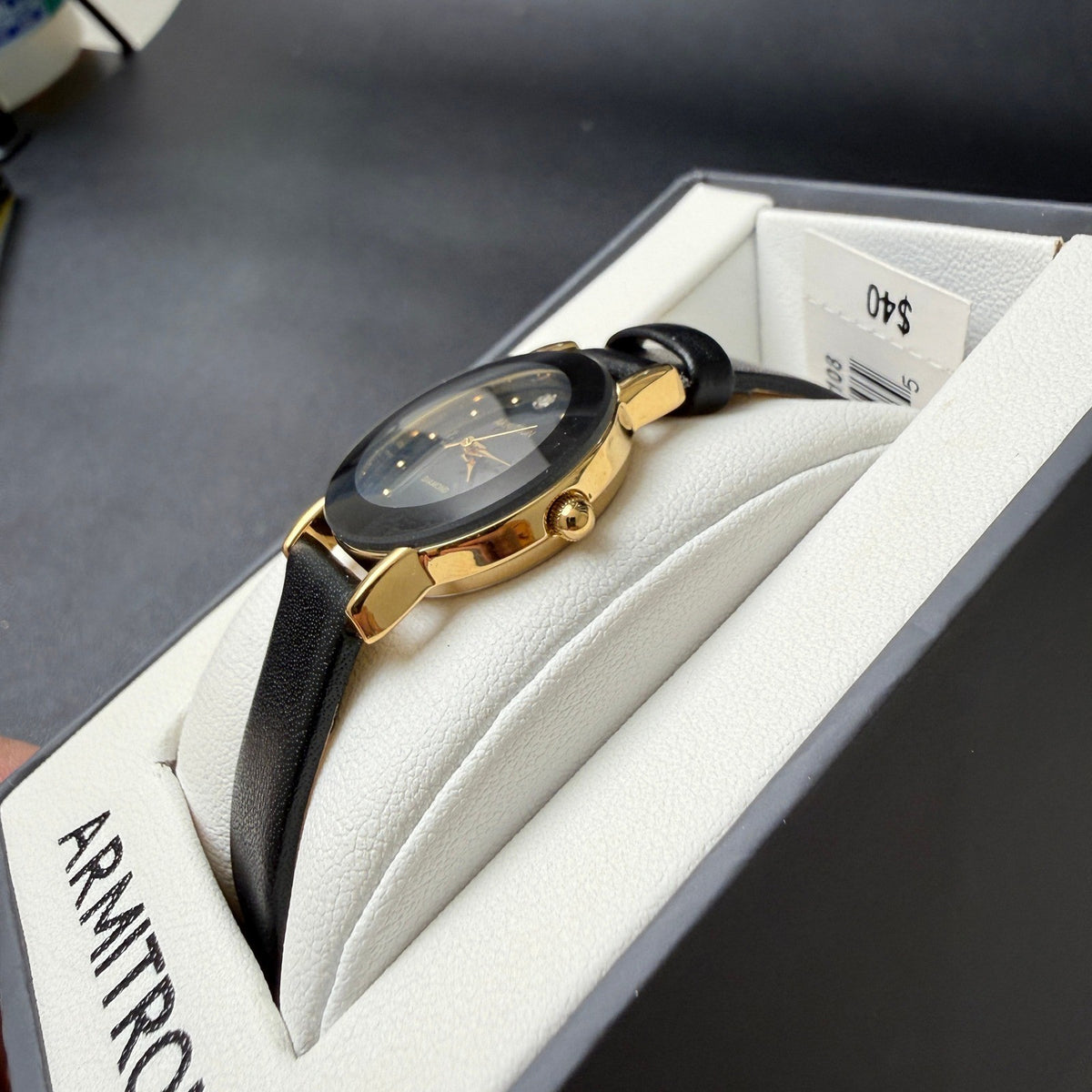 MSRP $40 Armitron Women's 75/2447GPB Diamond Black Leather Strap Quartz