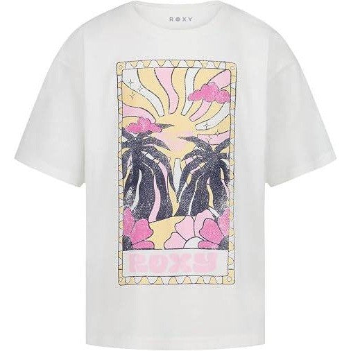 MSRP $22 Roxy Girls L 12-14 Egret Sun-Kissed Short Sleeve Oversized Fit Logo Tee