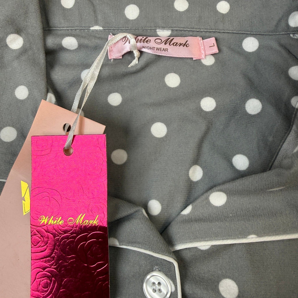 NWT White Mark Women's L Grey Polka Dots 3 Piece Long Sleeve Pants Pajama Set