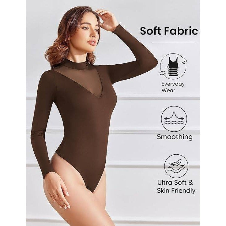 Avidlove Women's Brown M Bodysuits Mock Turtle Neck Long Sleeve Shirts Mesh Goi