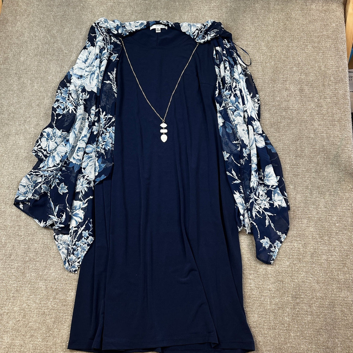 Studio One Womens XL Navy Denim 3/4 Sleeve Floral Faux-Jacket Dress With Removab
