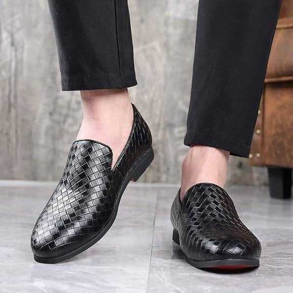 Santimon Men's US 6 Black Woven Moccasin Leather Slip-On Smoking Loafers Lightwe