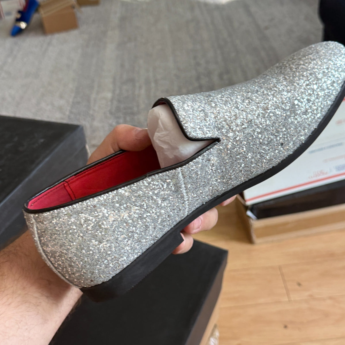 Santimon Men's US 6.5 - 12.5 Silver Glitter Slip-On Loafers Sequin Dress Shoes
