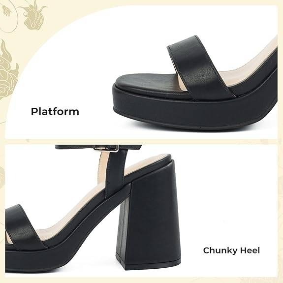 Putu Women's Size 7.5 Black Platform Heels Chunky Heeled Sandals Open Toe Dressy