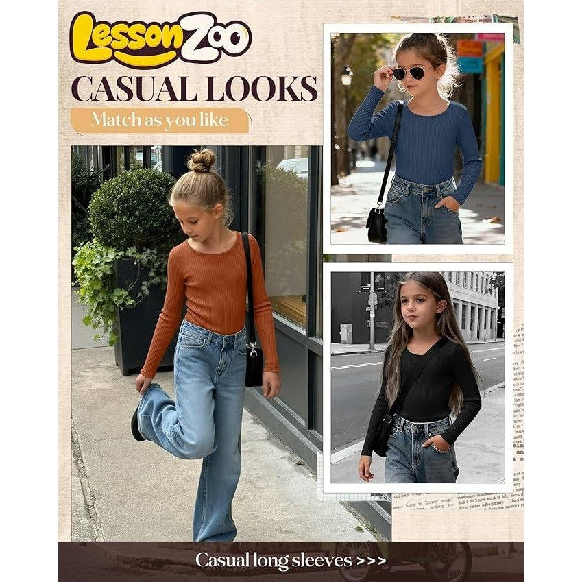 MSRP $44 LessonZoo 3 Pack Girls 13-14Y Long Sleeve Shirts Cotton Ribbed Tops C