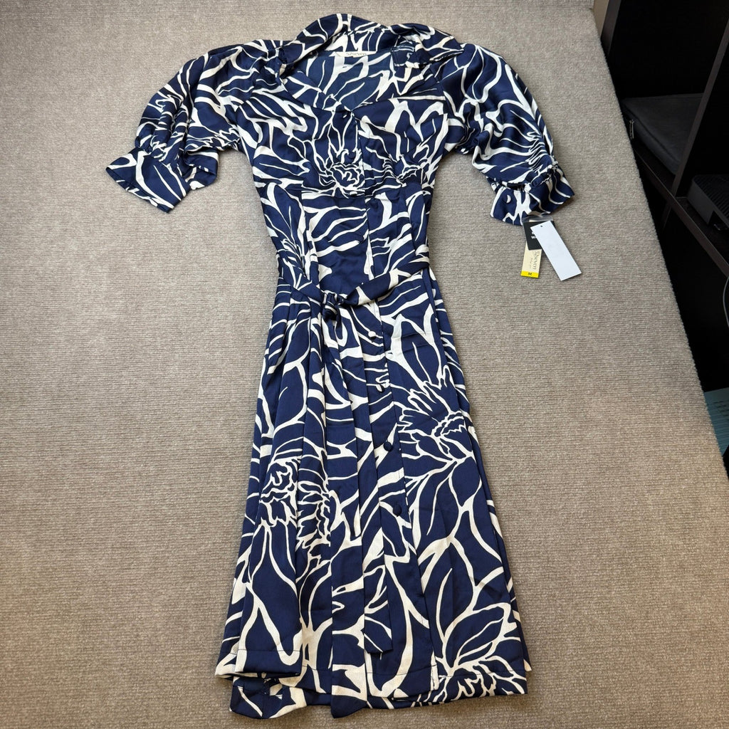 MSRP $79 52seven Womens M Navy Ivory Abstract Midi Dress V Neck 3/4 Sleeve