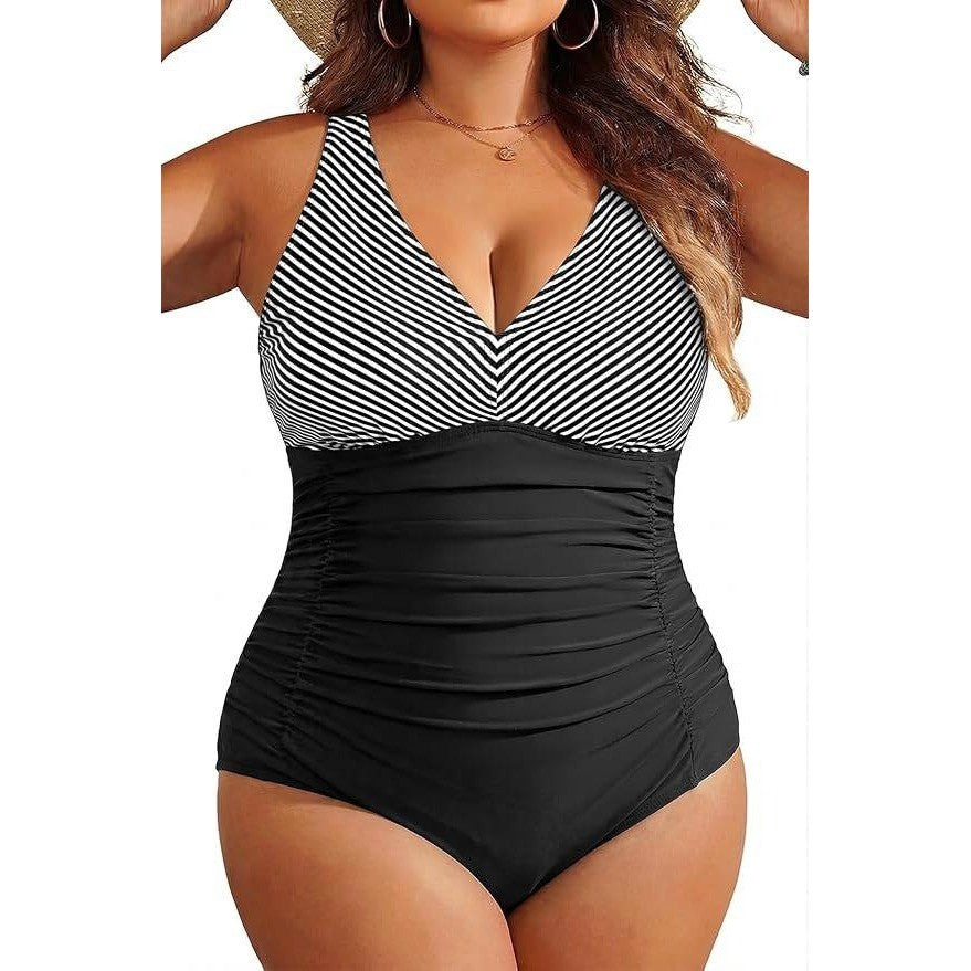 MSRP $48 Aqua Eve Women's 16W One Piece Swimsuit V Neck Tummy Control Bathing