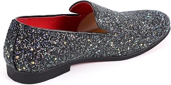 Santimon Men's US 9, 10 Black Glitter Slip-On Loafers Sequin Dress Shoes