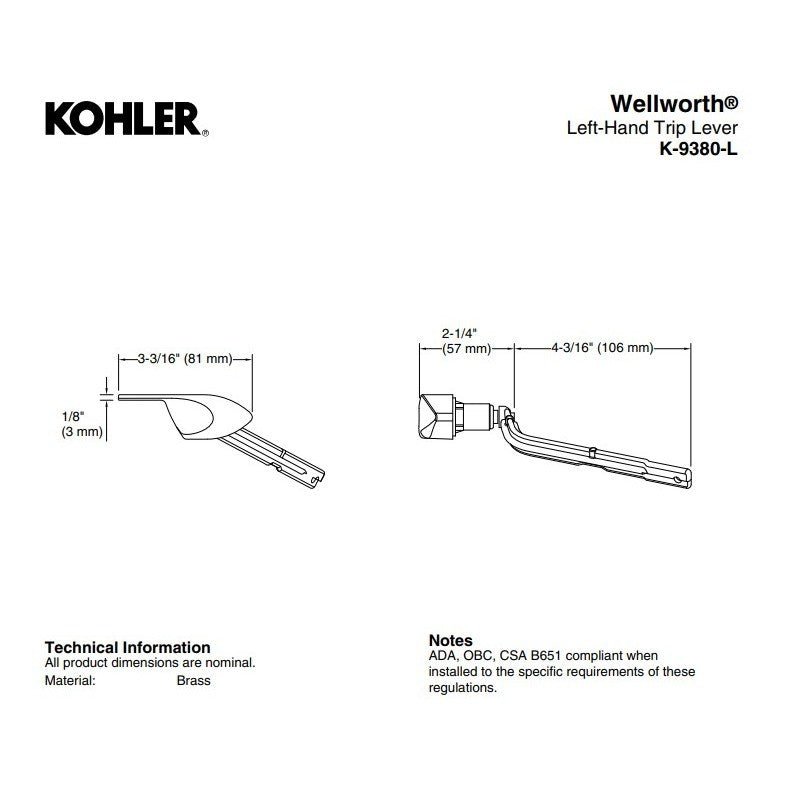 Kohler 9380-L-PB Wellworth Left-hand Trip Lever, Vibrant Polished Brass