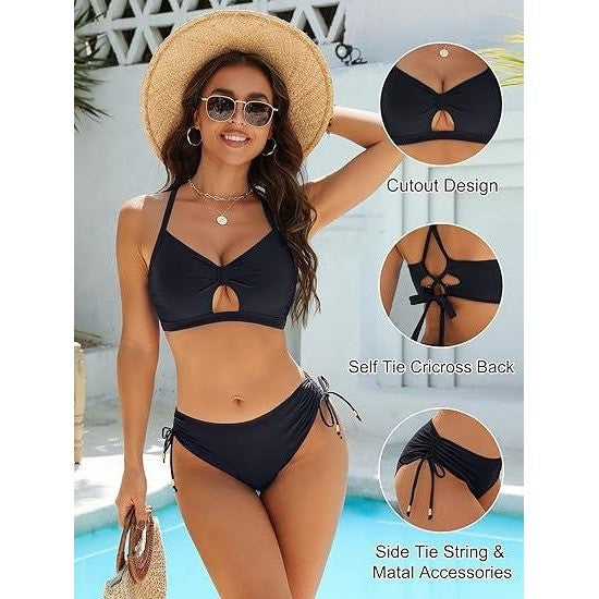 MSRP $35 Blooming Jelly Women's L Black Bikini Sets Cheeky Two Piece Swimsuit