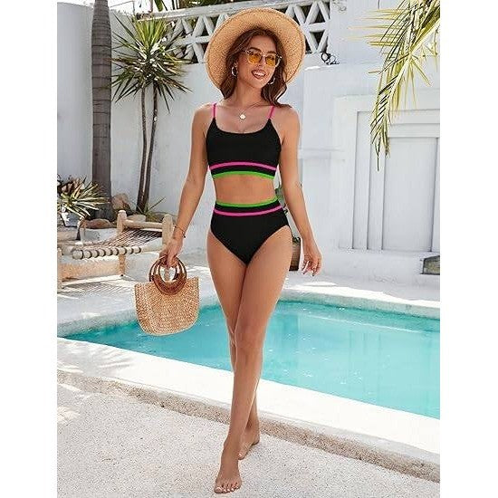 MSRP $43 BMJL Women's Black S High Waisted Bikini Ribbed Two Piece Swimsuit Hi