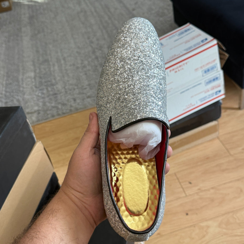 Santimon Men's US 6.5 - 12.5 Silver Glitter Slip-On Loafers Sequin Dress Shoes