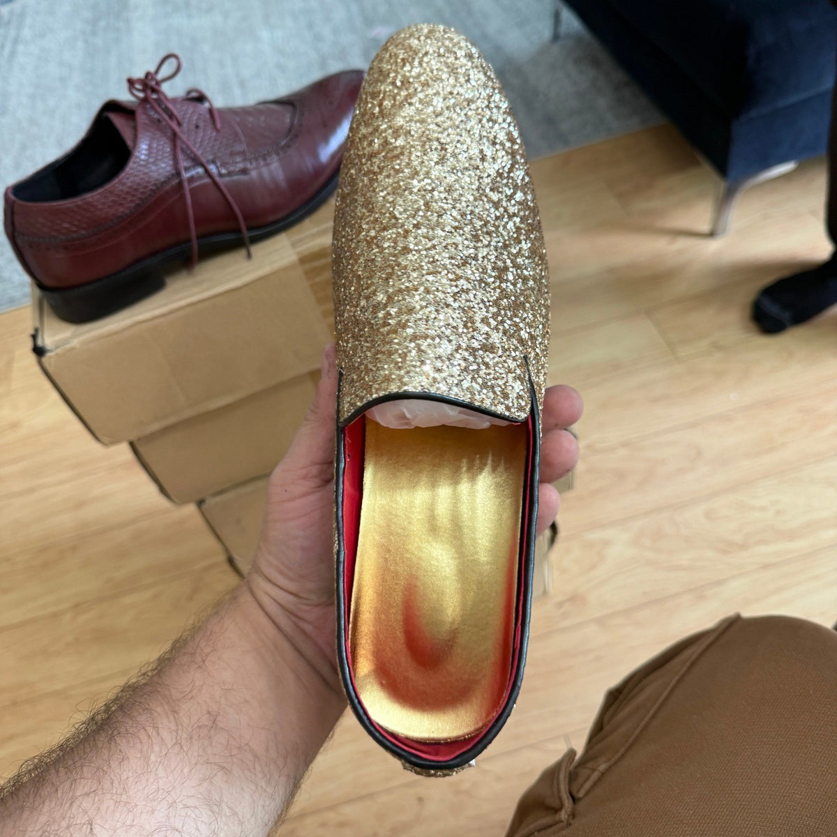 Santimon Men's US 12 Gold Glitter Slip-On Loafers Sequin Dress Shoes