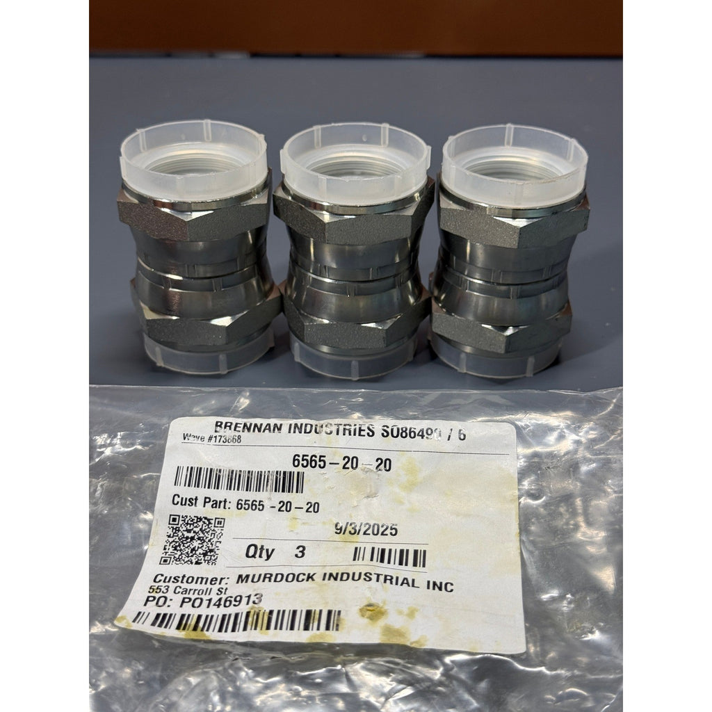 Set of 3 Brennan 6565-20-20 Straight Adapter, 1-1/4" Female 37° JIC x 1-1/4"