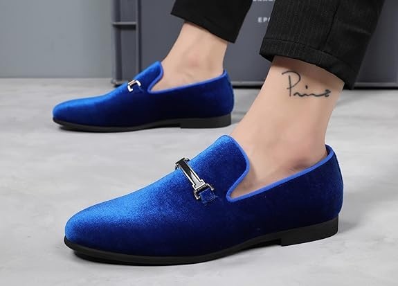 Santimon Men's US 6.5 - 12 Blue Velvet Loafers Horsebit Buckle Moccasin Shoes