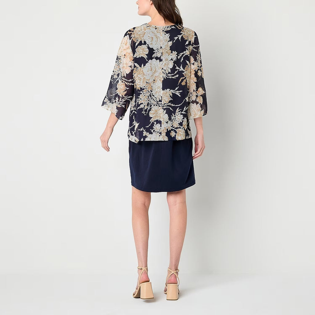 MSRP $84 Sandra Darren Womens XL Navy Ivory Tan Floral Jacket Dress With