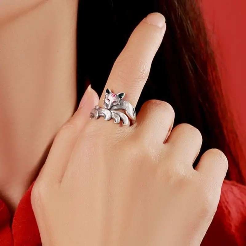 Nine-Tailed Fox Women's Ring Jewelry Silver Tone Animal Size 10 Adjustable 9-11