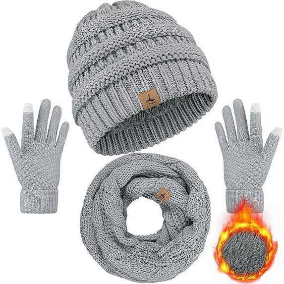 MSRP $20 LOROME Unisex Light Gray Winter Beanie Hat Scarf Gloves Set Warm Fleece