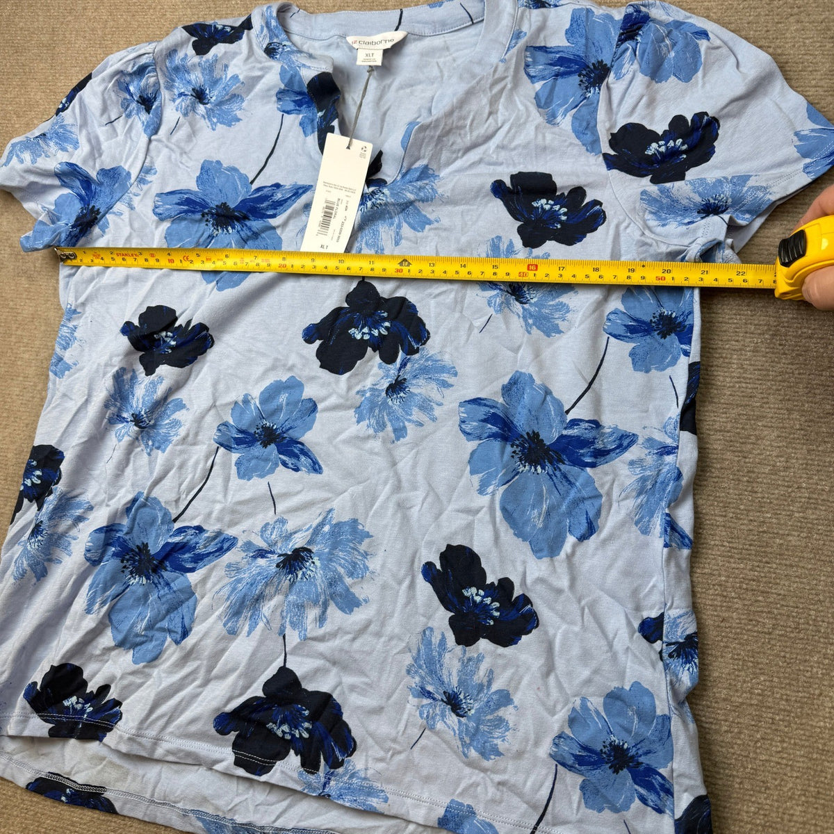 MSRP $38 Liz Claiborne Womens XL Tall Blue Floral Split Crew Neck T-Shirt Shor