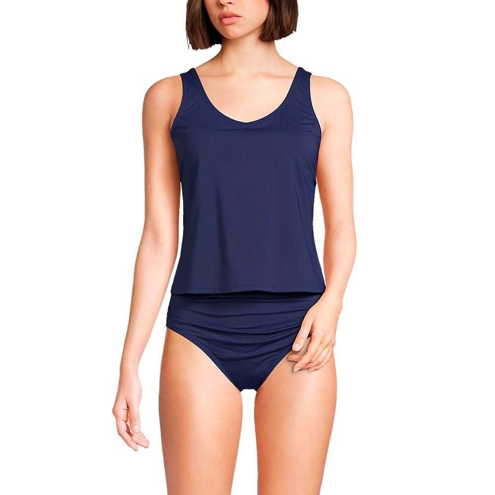 Lands' End Women's L LONG Deep Sea Navy V Neck One Piece Fauxkini Swimsuit