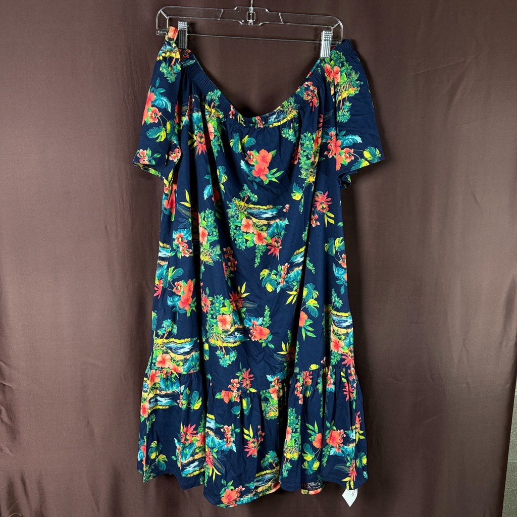 Lands' End Women's L LONG Off the Shoulder Ruffle Hem Swim Cover-up Dress Navy F