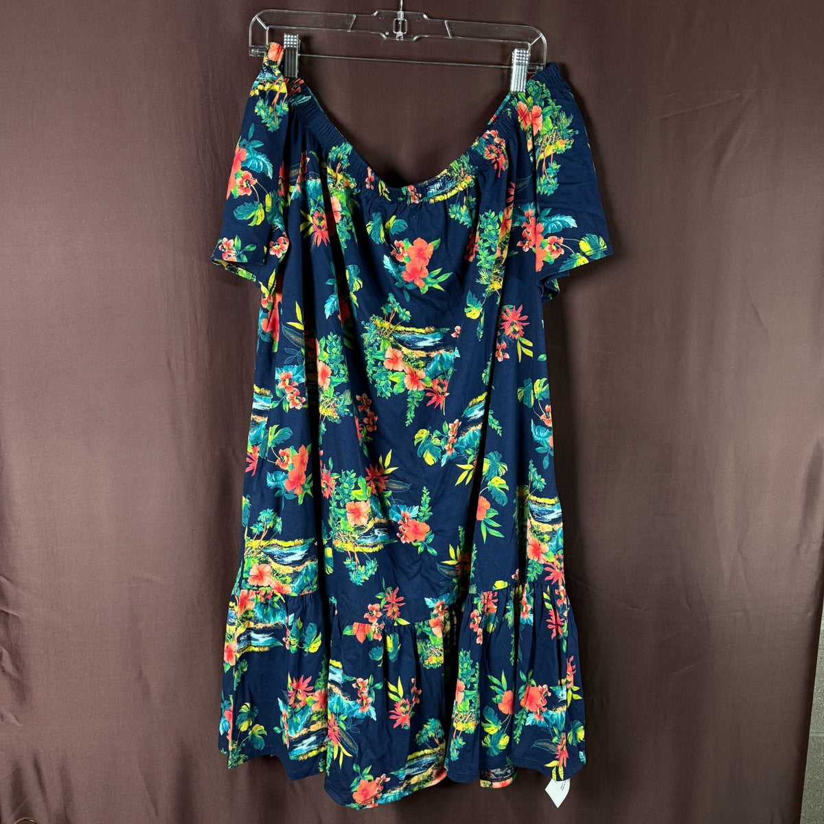 Lands' End Women's L LONG Off the Shoulder Ruffle Hem Swim Cover-up Dress Navy F