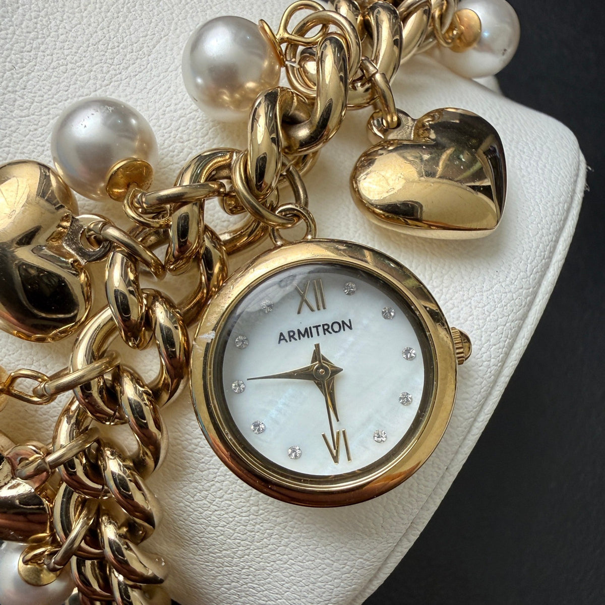 MSRP $85 Armitron 75/5578GP Gold Tone Charm Womens Crystal Bracelet Watch New