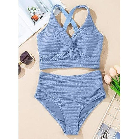MSRP $47 Herseas Women's L Sky Blue Textured Bikini Set Two Piece Twist Front