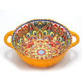 Boho Ceramic Orange Serving Bowl with Handles, Large Porcelain Salad Bowl
