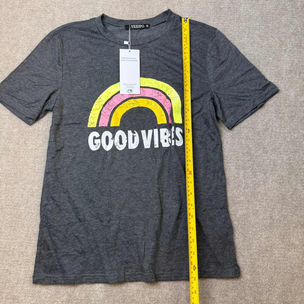 YEXIPO Women's M Good Vibes Graphic T-Shirt Short Sleeve Crew Neck Loose Fit Te