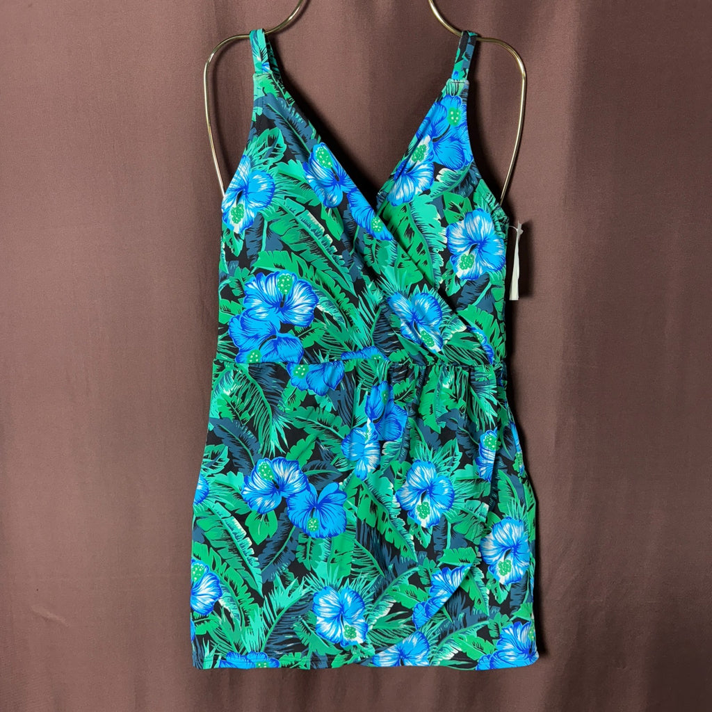 Lands' End Women's XS V-Neck Tulip Wrap Swim Dress One Piece Swimsuit Black/Turq