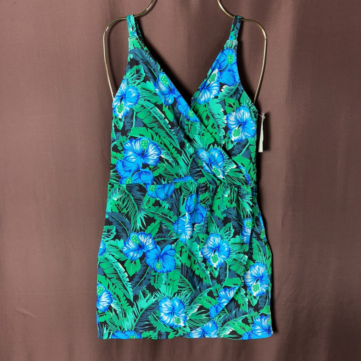 Lands' End Women's XS V-Neck Tulip Wrap Swim Dress One Piece Swimsuit Black/Turq
