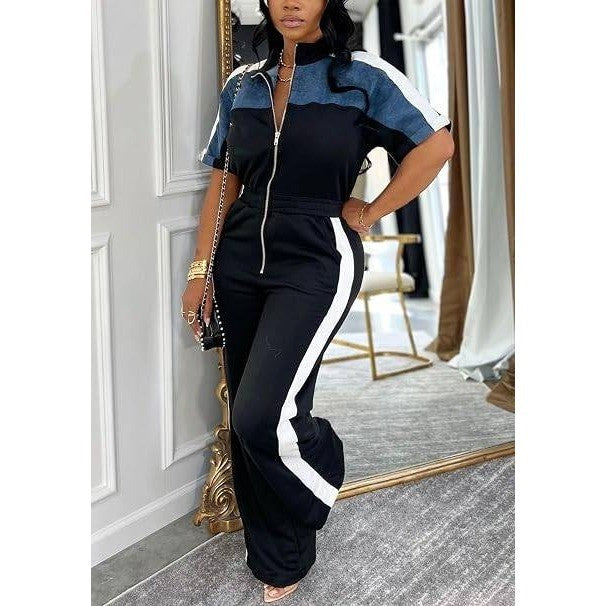 MSRP $57 Xuideoy Women's L Black Color Block Zip Up One Piece Jumpsuit Casual